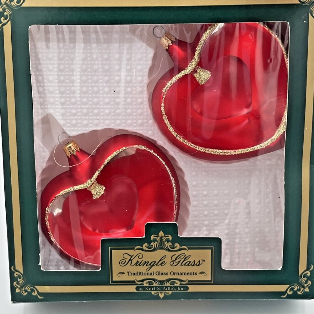 Kurt Adler Kringle Glass Hand Blown‎ Heart Christmas Ornament Valentine pk of 2